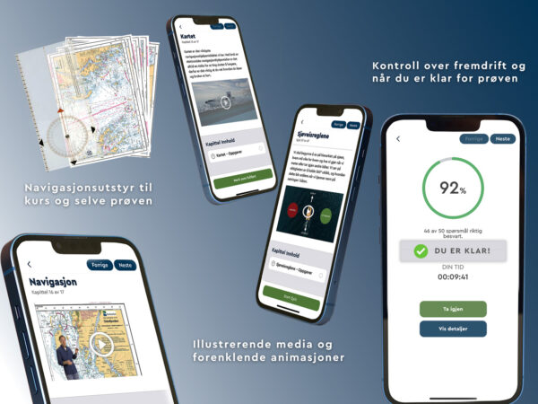 Nettkurset til båtførerprøven.no inkluderer navigasjonsutstyr, testeksamener og gir deg en pekepinn på når du er klar til eksamen.