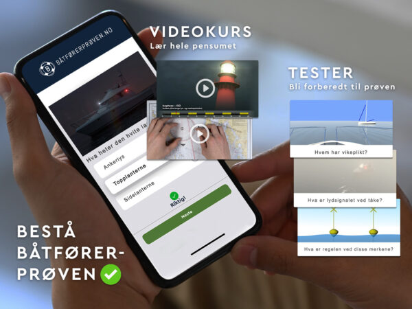 Båtførerprøven nettkurs tilgjengelig på nett og som app. Levende videokurs med hundrevis av øvningsoppgaver som ligner den virkelige båtførerprøven.